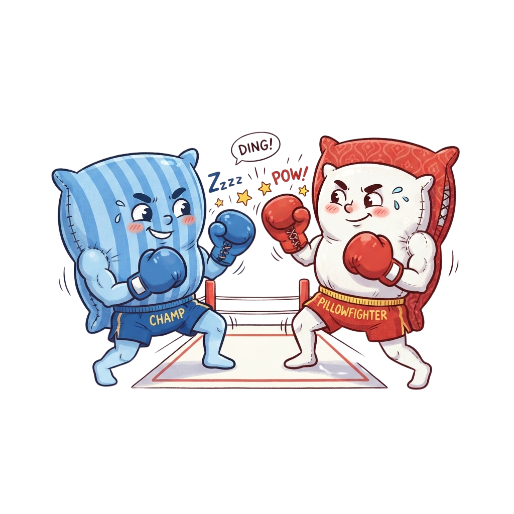 Two cartoon pillows dressed as boxers fighting in a ring with sound effects like ding and pow