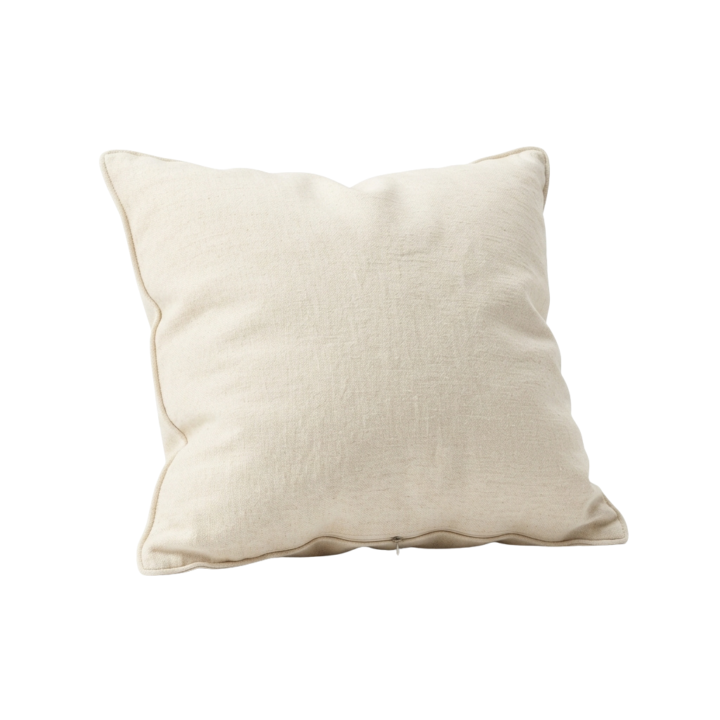 A plain cream-colored square throw pillow with a slightly padded border against a black background