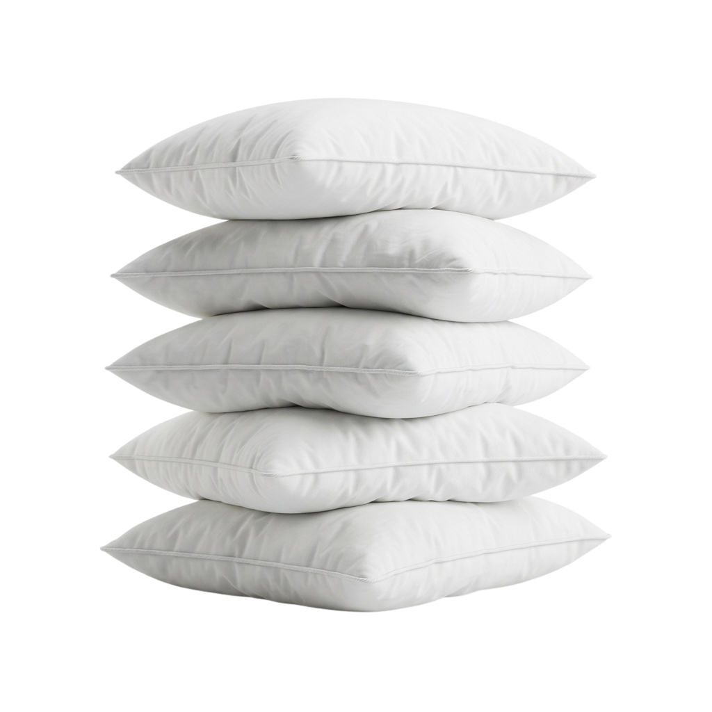 Five white pillows stacked vertically against a black background