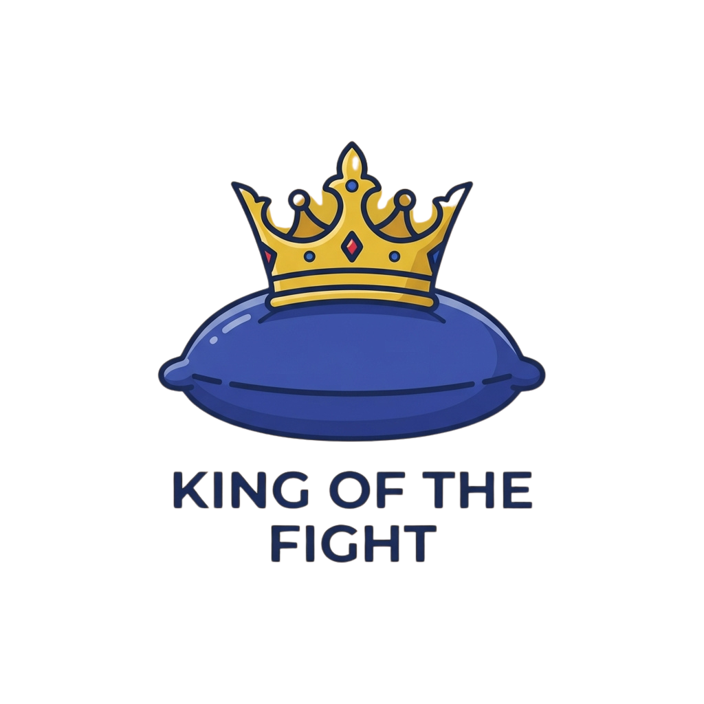 A golden crown placed atop a blue punching bag with text King of the Fight below