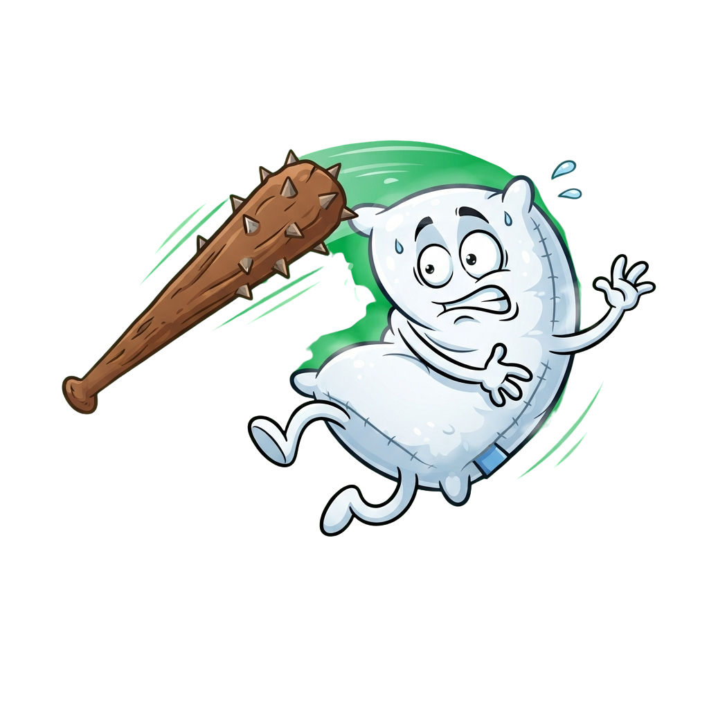 A cartoon ghost character swinging a baseball bat with a surprised expression.