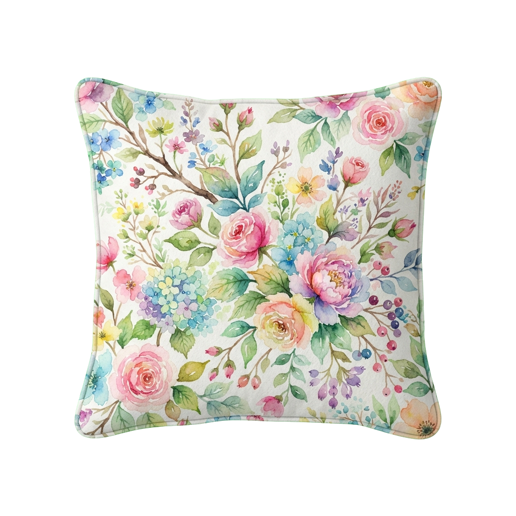 Square pillow with vibrant floral and leaf pattern in pastel colors