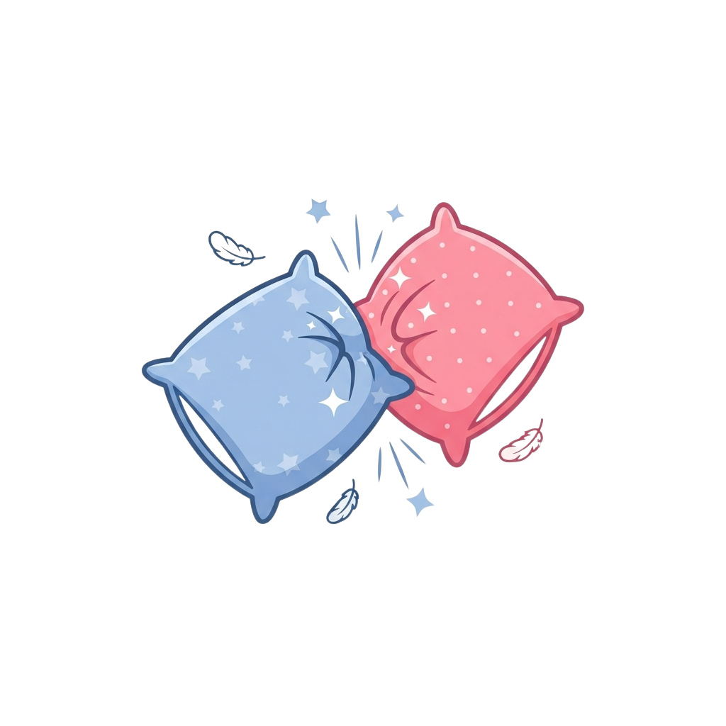 Two cartoon pillows, one blue and one pink, appear to be playfully fighting with sparkles and stars around them