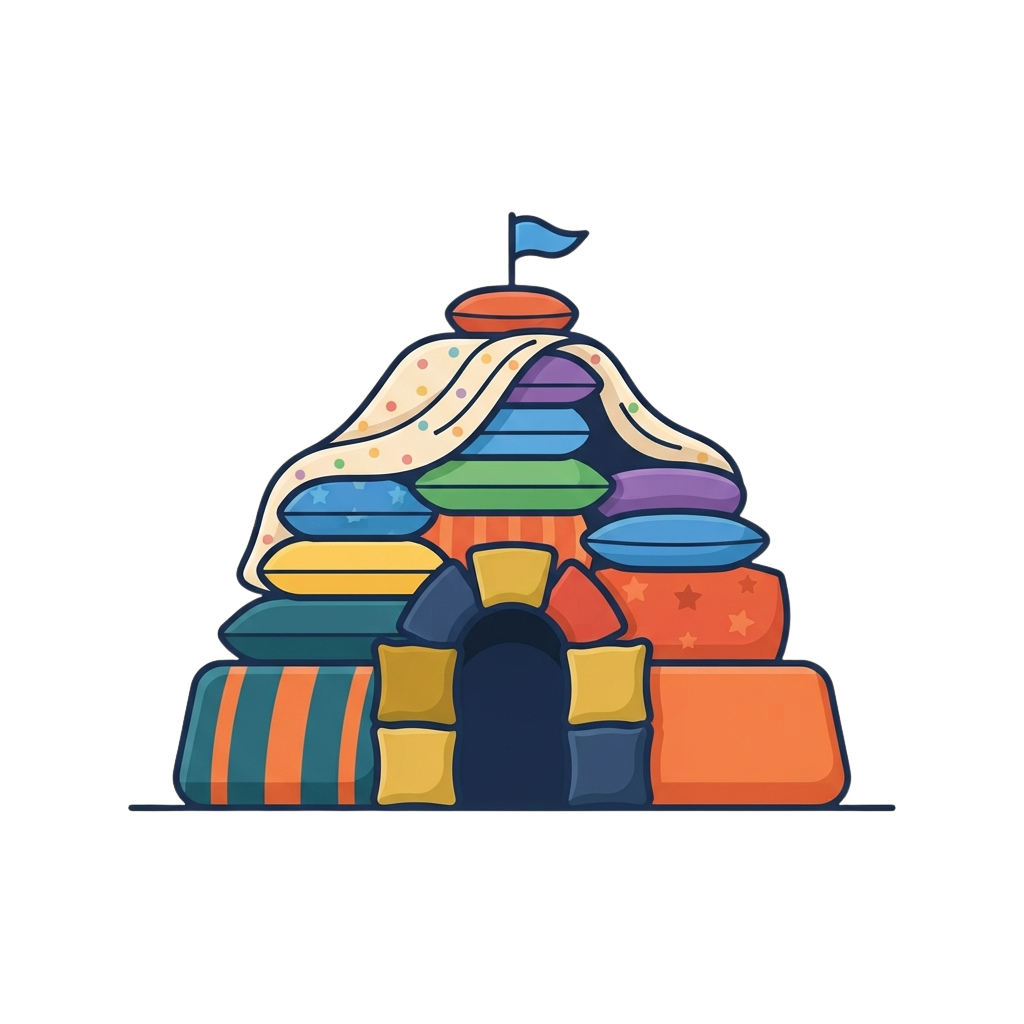 Illustration of a pyramid made from colorful bean bag chairs with a small flag on top
