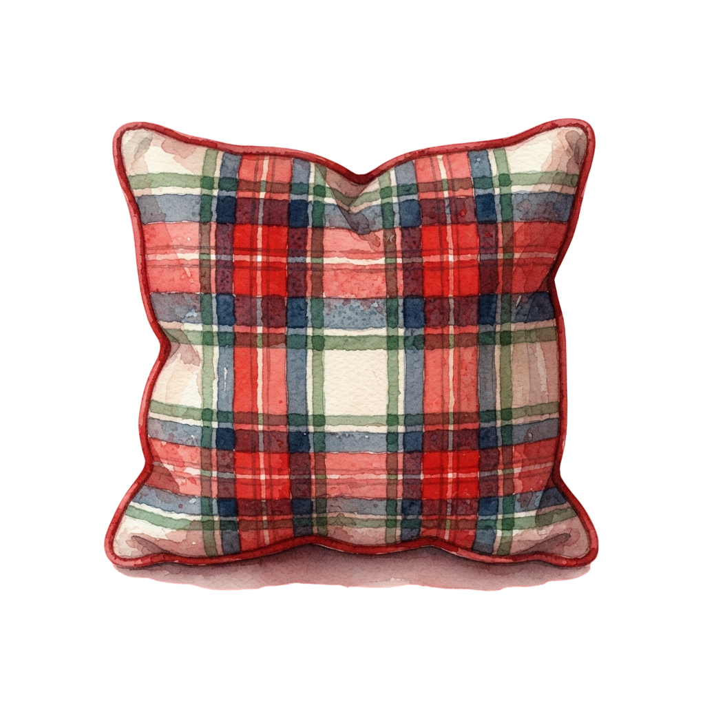 Square pillow featuring a red, green, and cream plaid fabric with a red trim edge