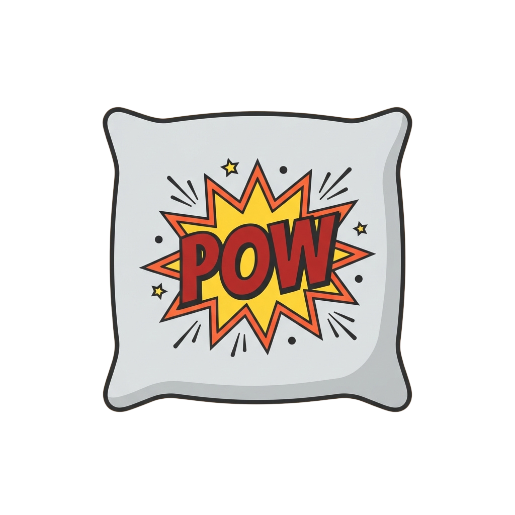 Square throw pillow with a bold comic-style POW explosion graphic in red and yellow