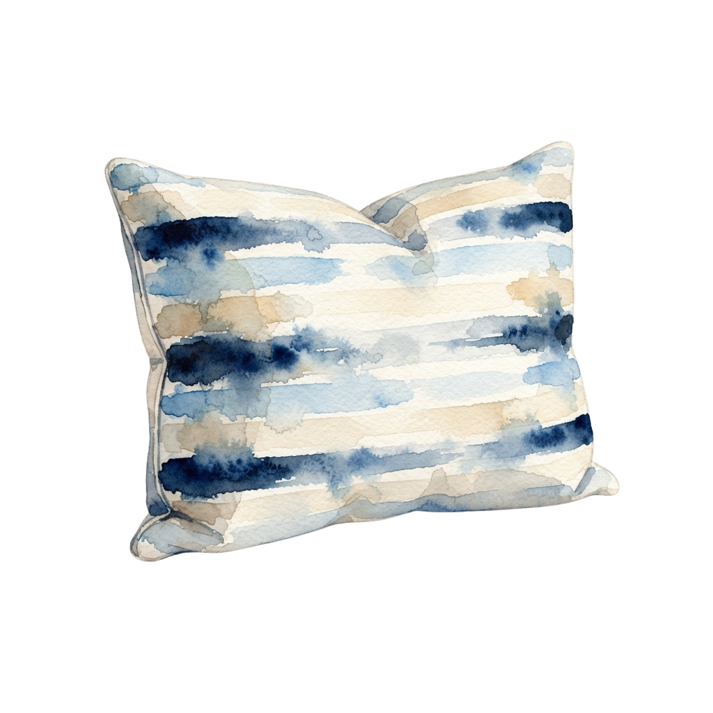 Square pillow with horizontal watercolor blue and white abstract stripes