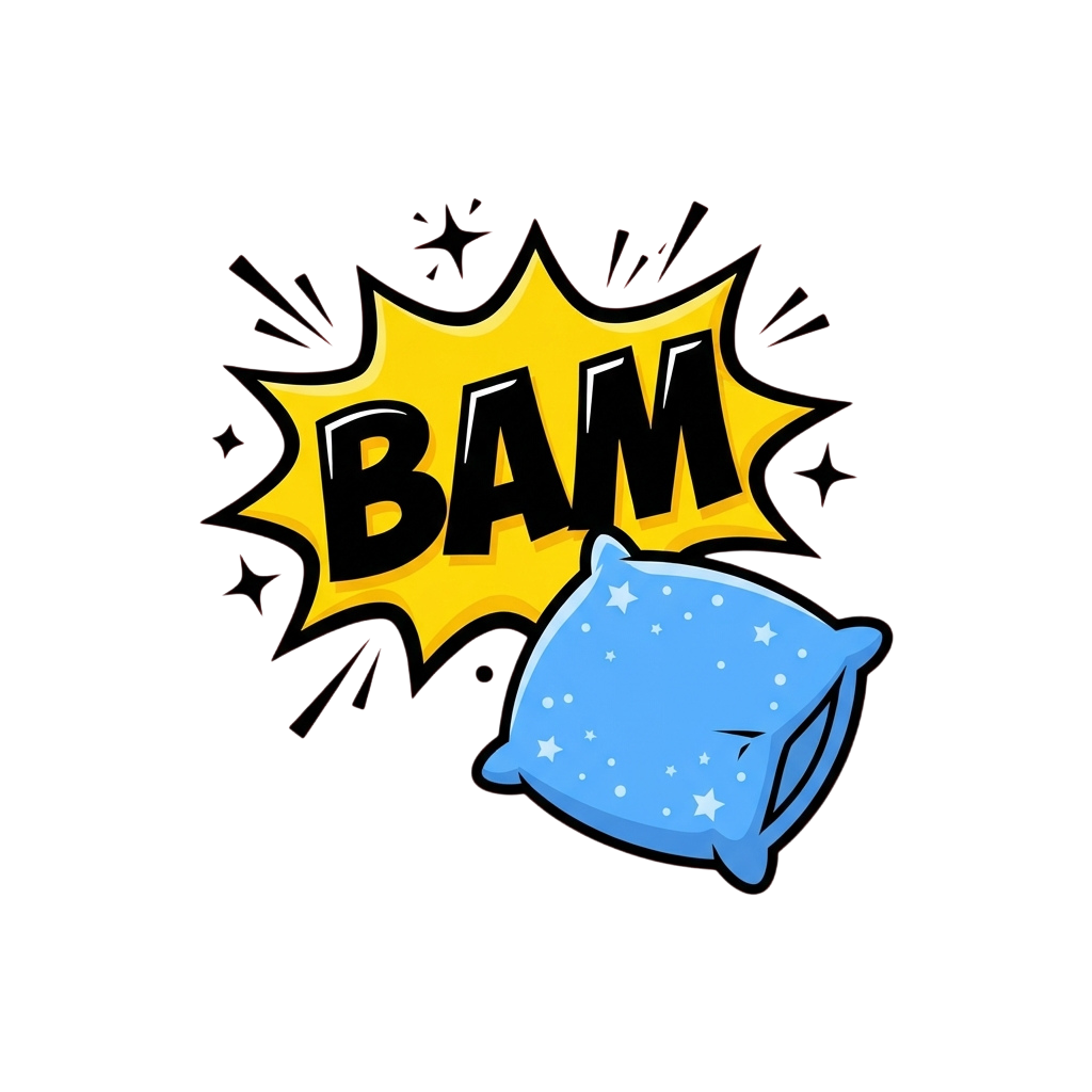 A blue starry pillow next to a yellow comic explosion with the word BAM in bold black letters
