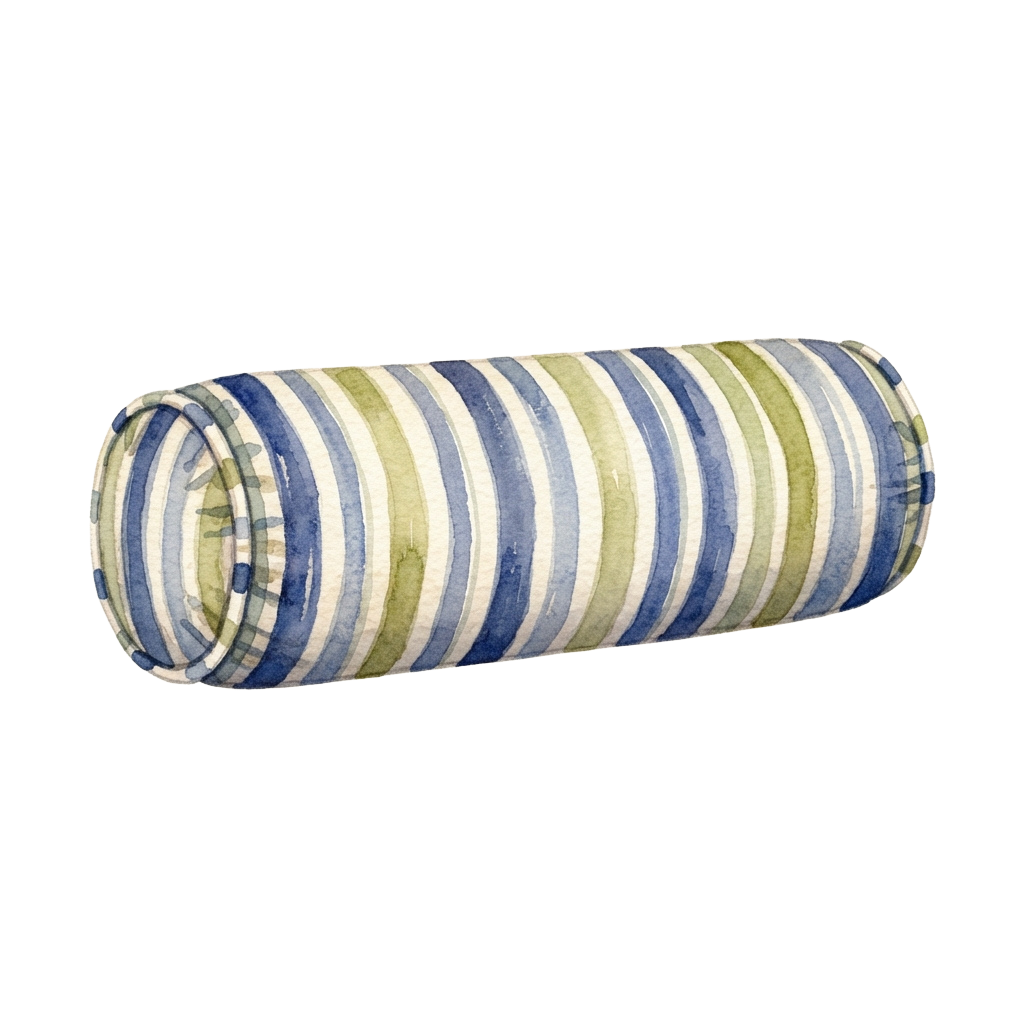 A cylindrical rubber hose with alternating blue, white, and beige spiral stripes