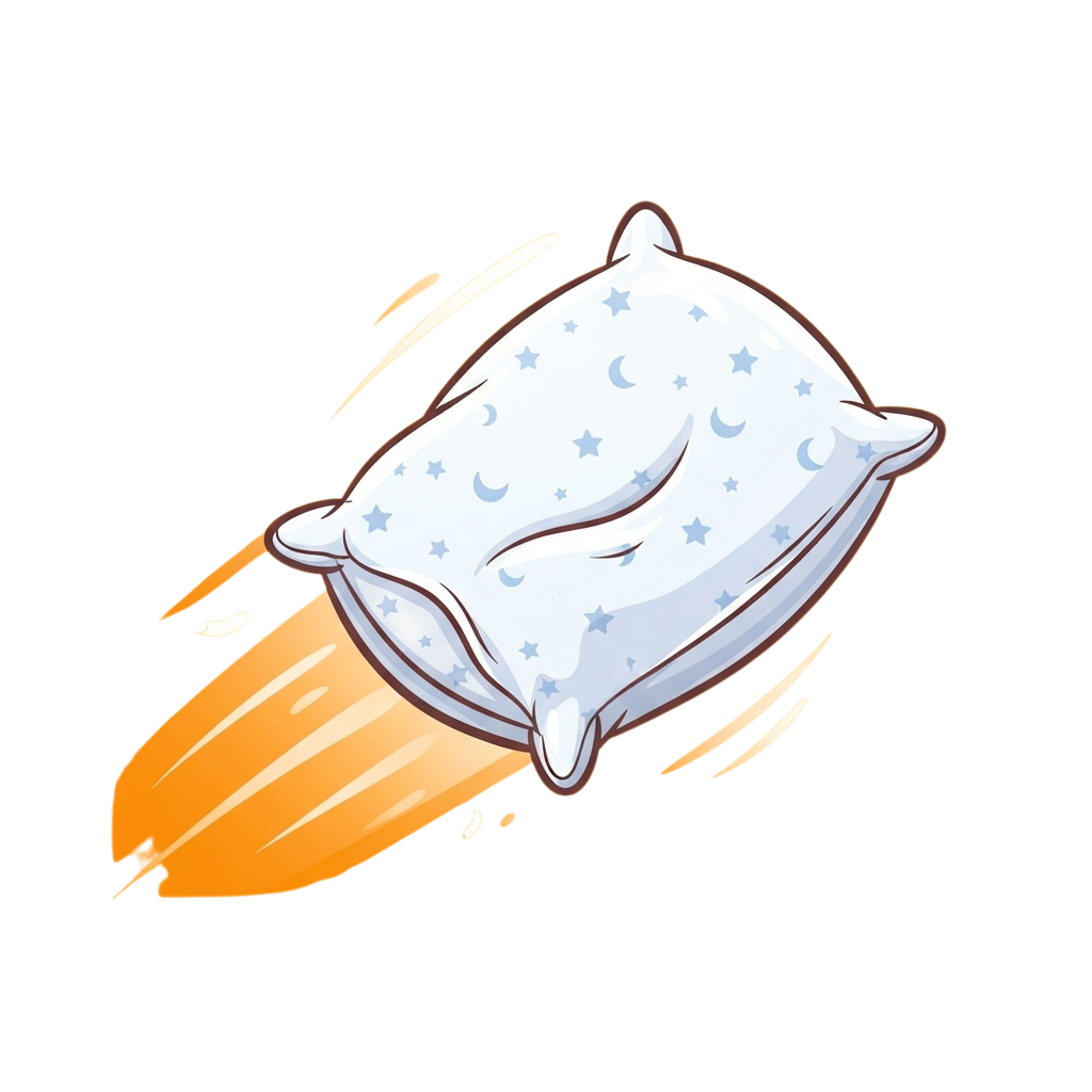 A playful cartoon rocket designed like a pillow with stars and crescent moons, launching through space.