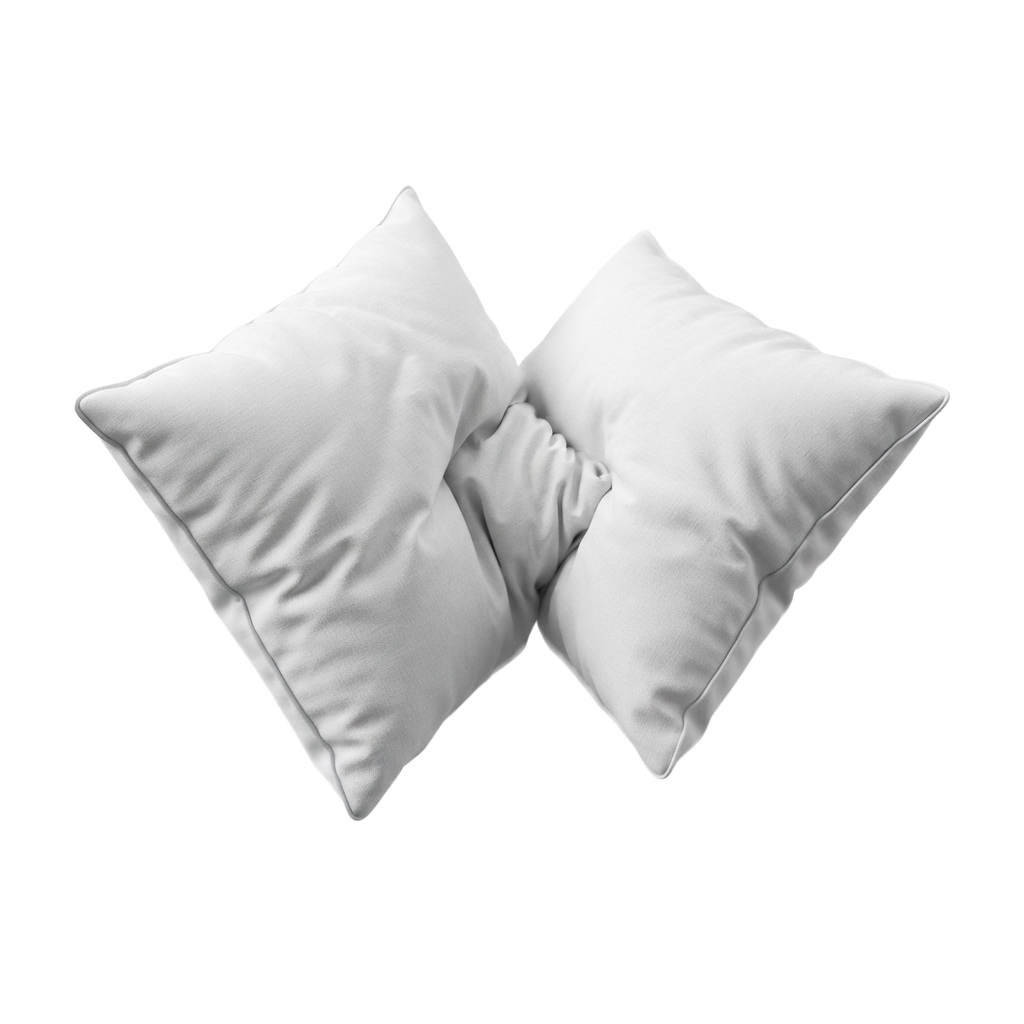Two white square pillows positioned diagonally against a black background