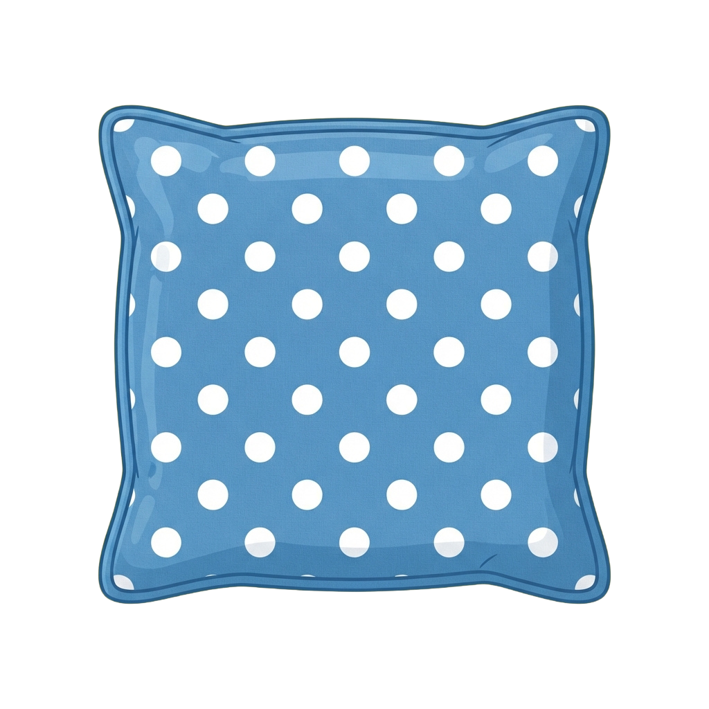 Square pillow with blue background and white polka dots