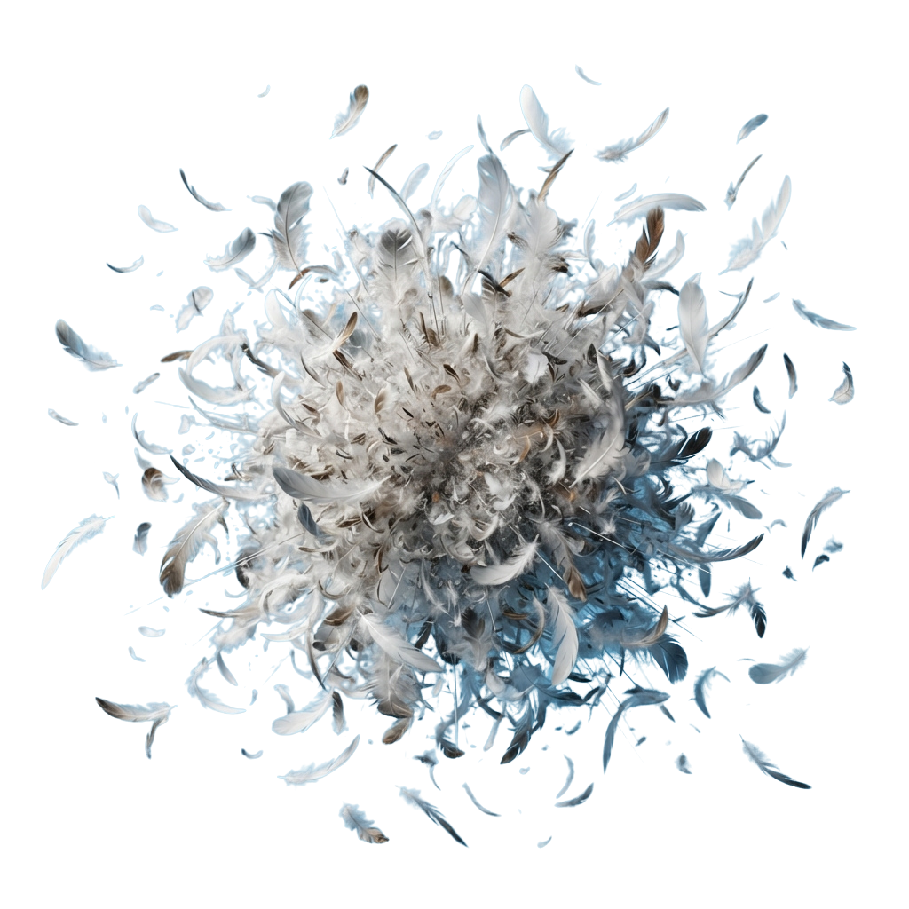 A cluster of white and light blue feathers scattered against a black background