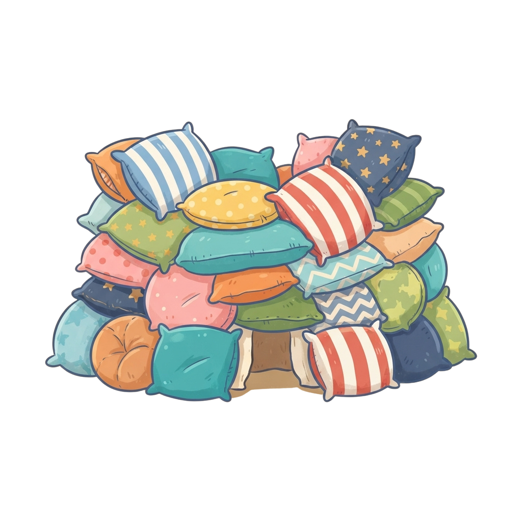 A playful stack of colorful throw pillows in various patterns and designs.