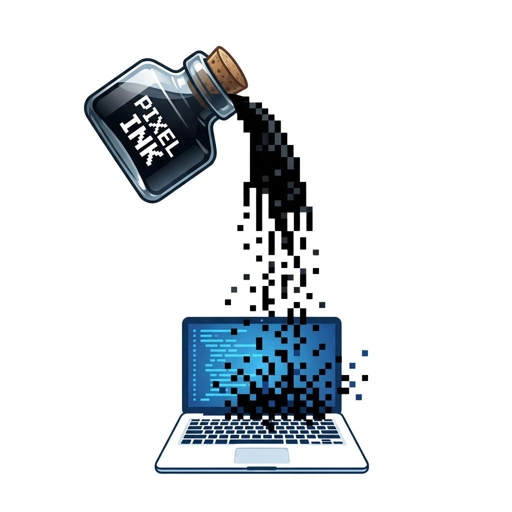 A bottle labeled pixel art pouring pixels onto a laptop screen displaying a QR code pattern