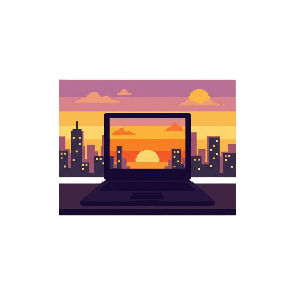 Laptop screen showing a colorful sunset over a city skyline with buildings and clouds