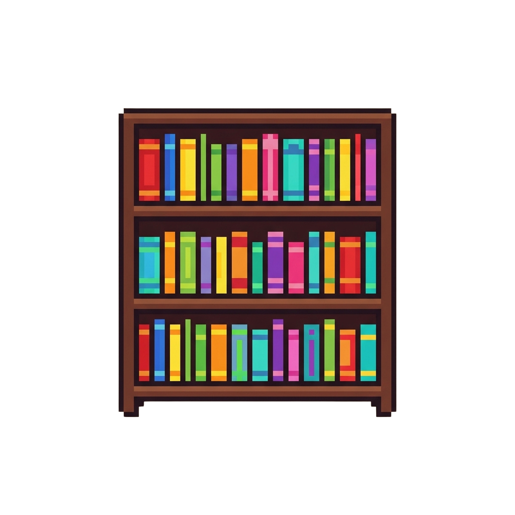 A pixel art bookshelf with three shelves filled with colorful books in various shades