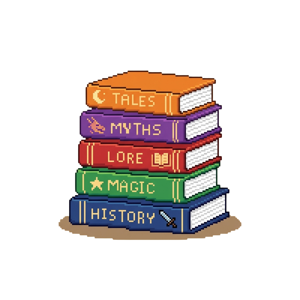 Pixel art stack of five colorful books labeled Tales, Myths, Lore, Magic, and History