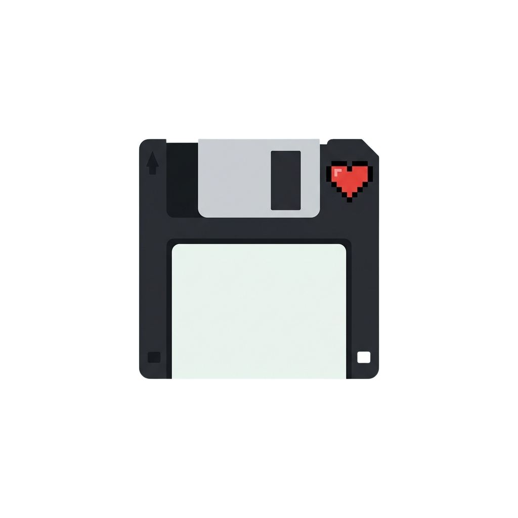 A pixelated floppy disk icon featuring a red heart on the top right corner