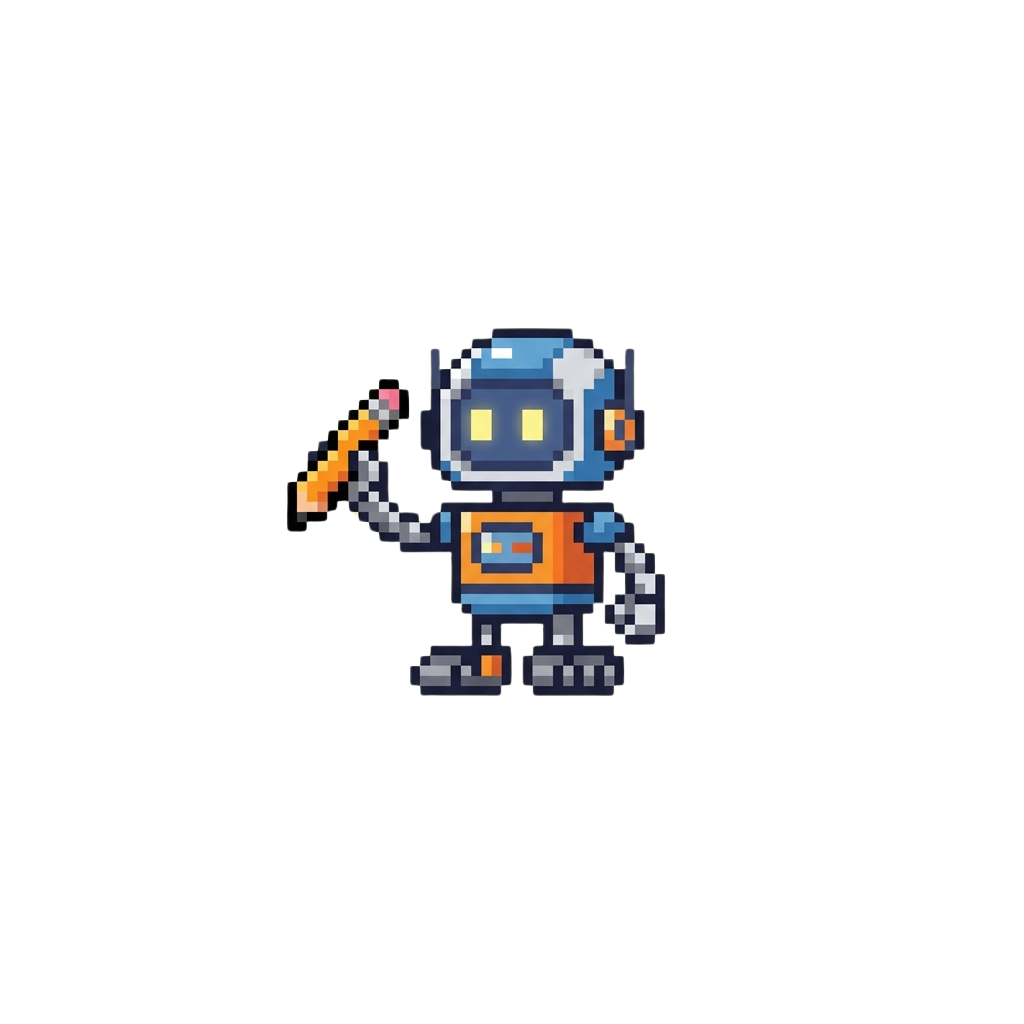 A pixelated robot character with a tool in its right hand, standing on two legs