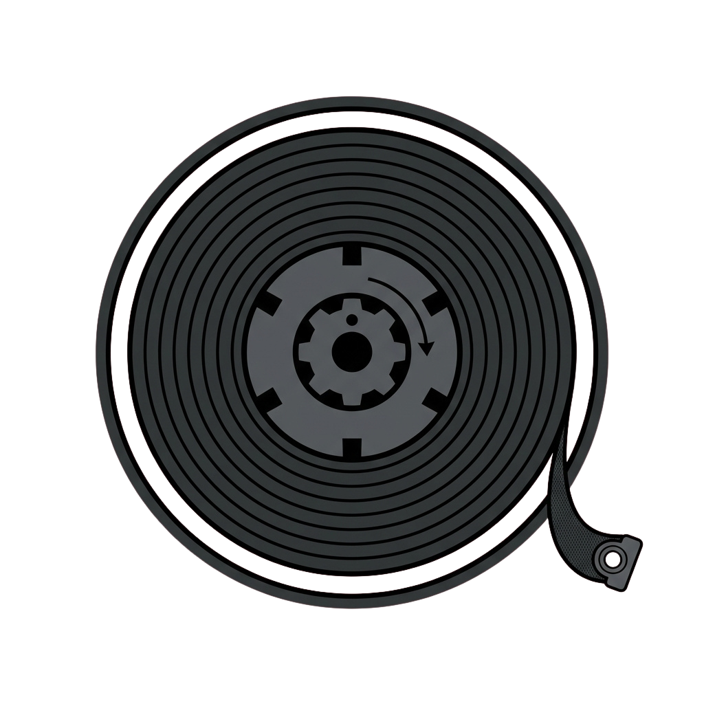 A large, coiled fire hose reel with a central hub and attached handle for manual operation