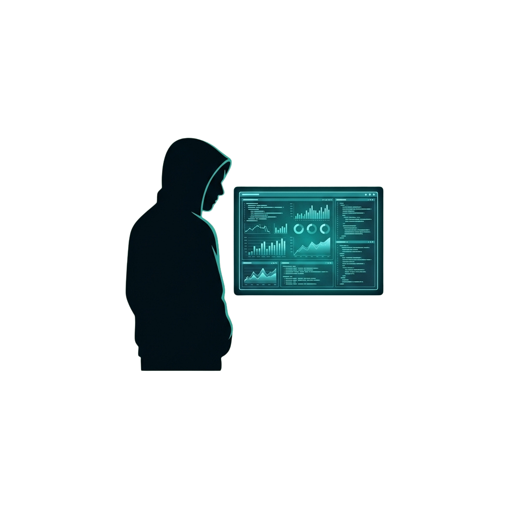 Silhouette of a person in a hoodie looking at a digital dashboard with graphs and analytics