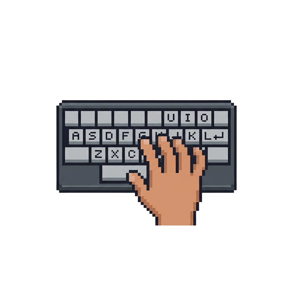 Pixelated hand pressing the space bar on a retro-style keyboard