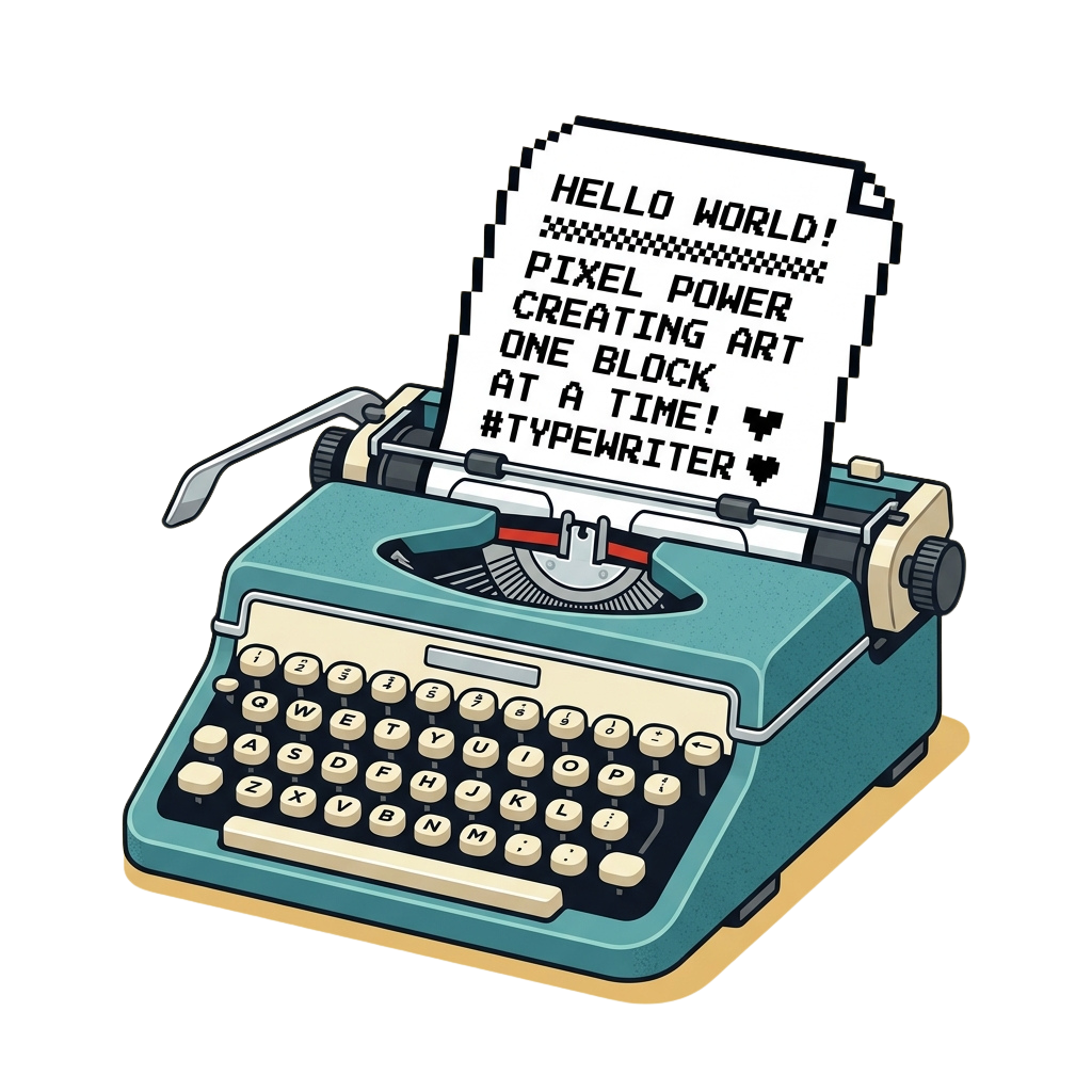 A vintage typewriter with paper displaying pixel art text reading Hello World and creating art one block at a time
