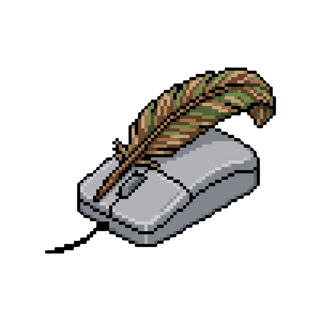 A pixelated feather quill resting on a gray surface against a black background