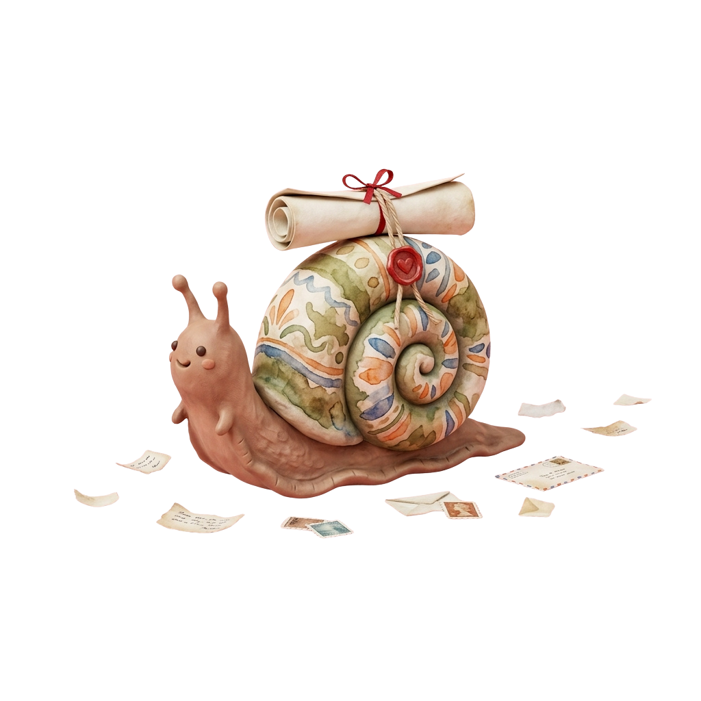 A cartoon snail carrying a rolled diploma on its back with scattered papers around it