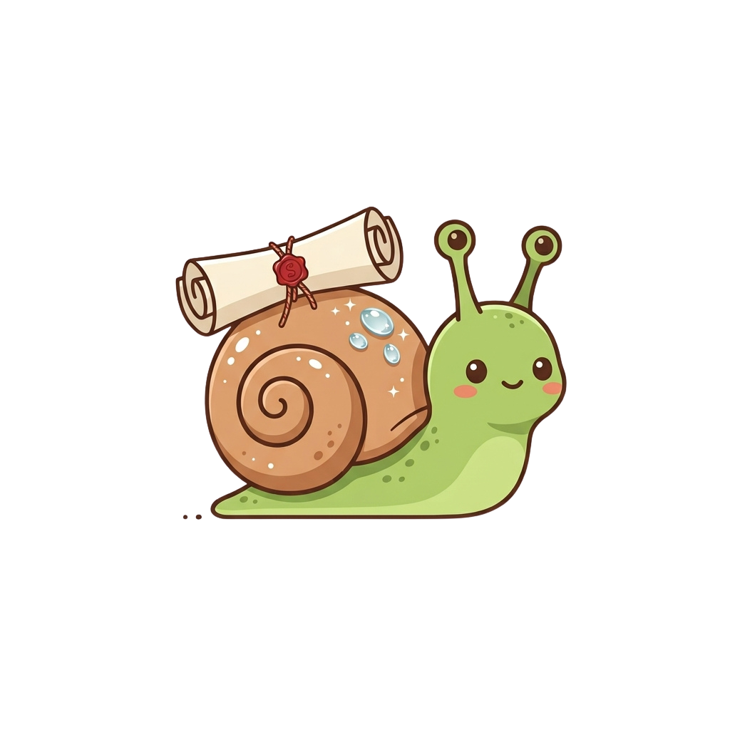 A cheerful cartoon snail carrying a rolled diploma on its back, smiling with antennae and a green body