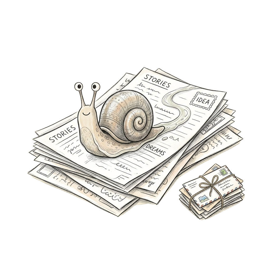 A cartoon snail sitting on a stack of handwritten papers labeled stories and ideas