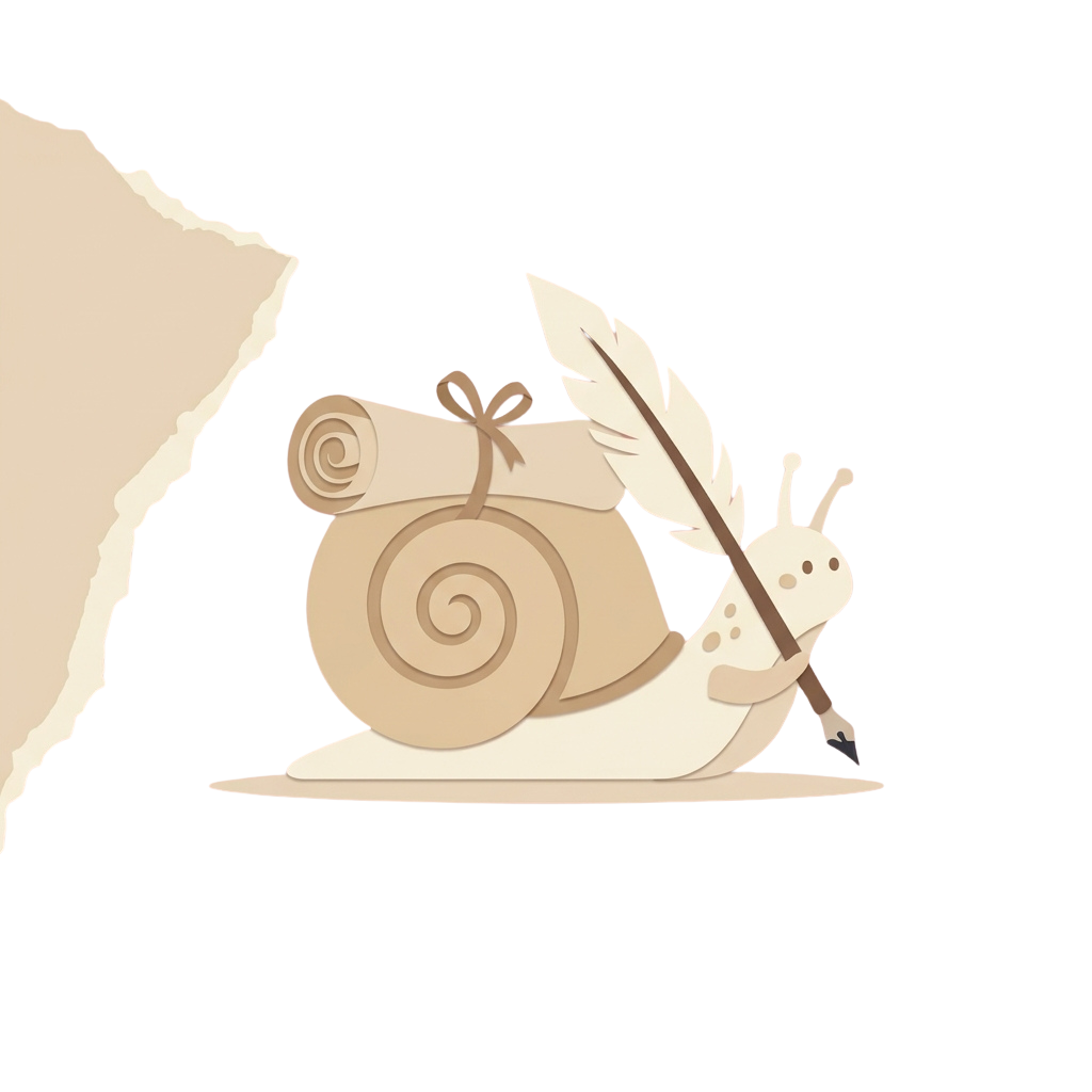 A whimsical snail carrying a gift package tied with a bow, holding a feather on its back