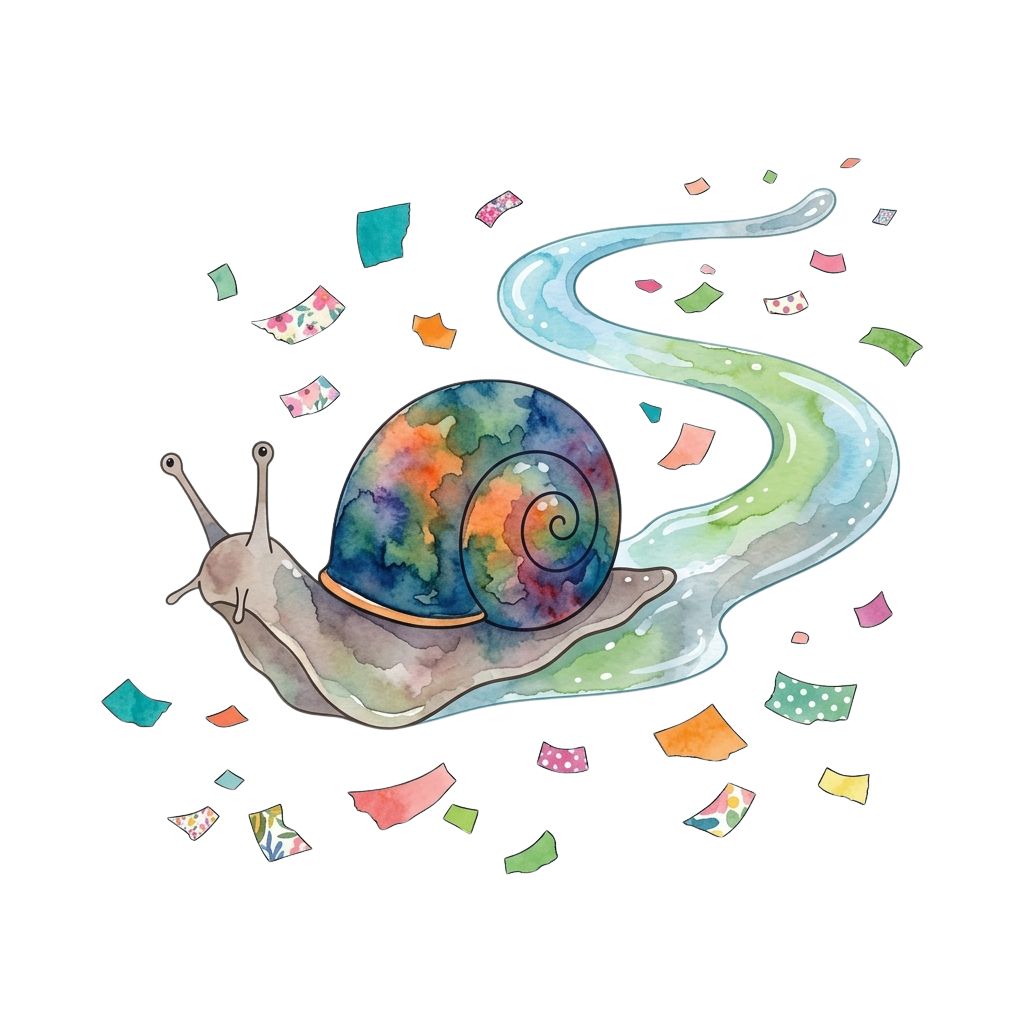 A stylized snail with a colorful, swirling shell leaving a glowing slime trail and surrounded by floating confetti pieces