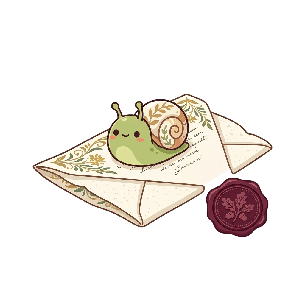 A green cartoon snail and caterpillar on a decorative envelope with a wax seal beside it