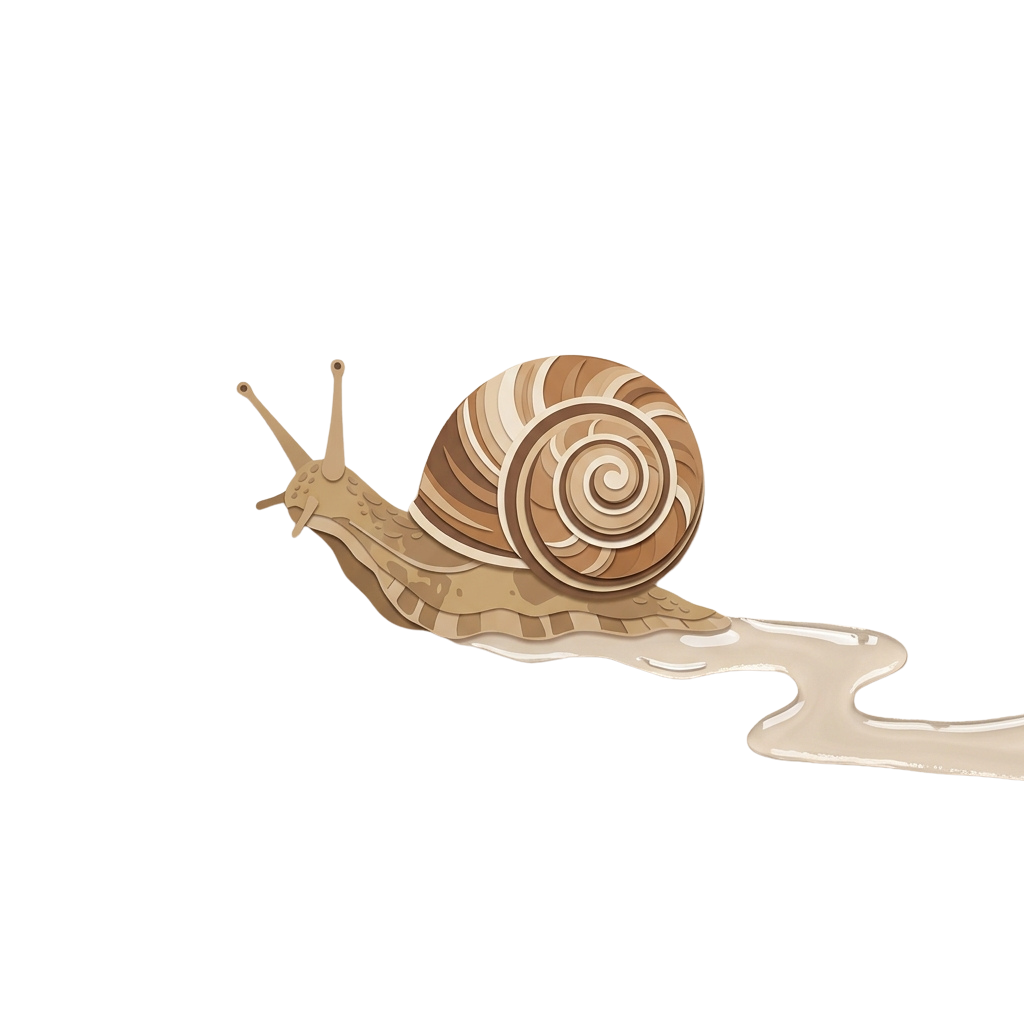 A snail with a spiral shell moving forward, leaving a white slime trail behind on a black background