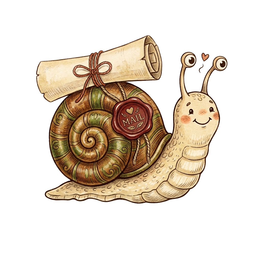 A cheerful cartoon snail carrying a scroll tied with a ribbon and a red mail stamp on its shell