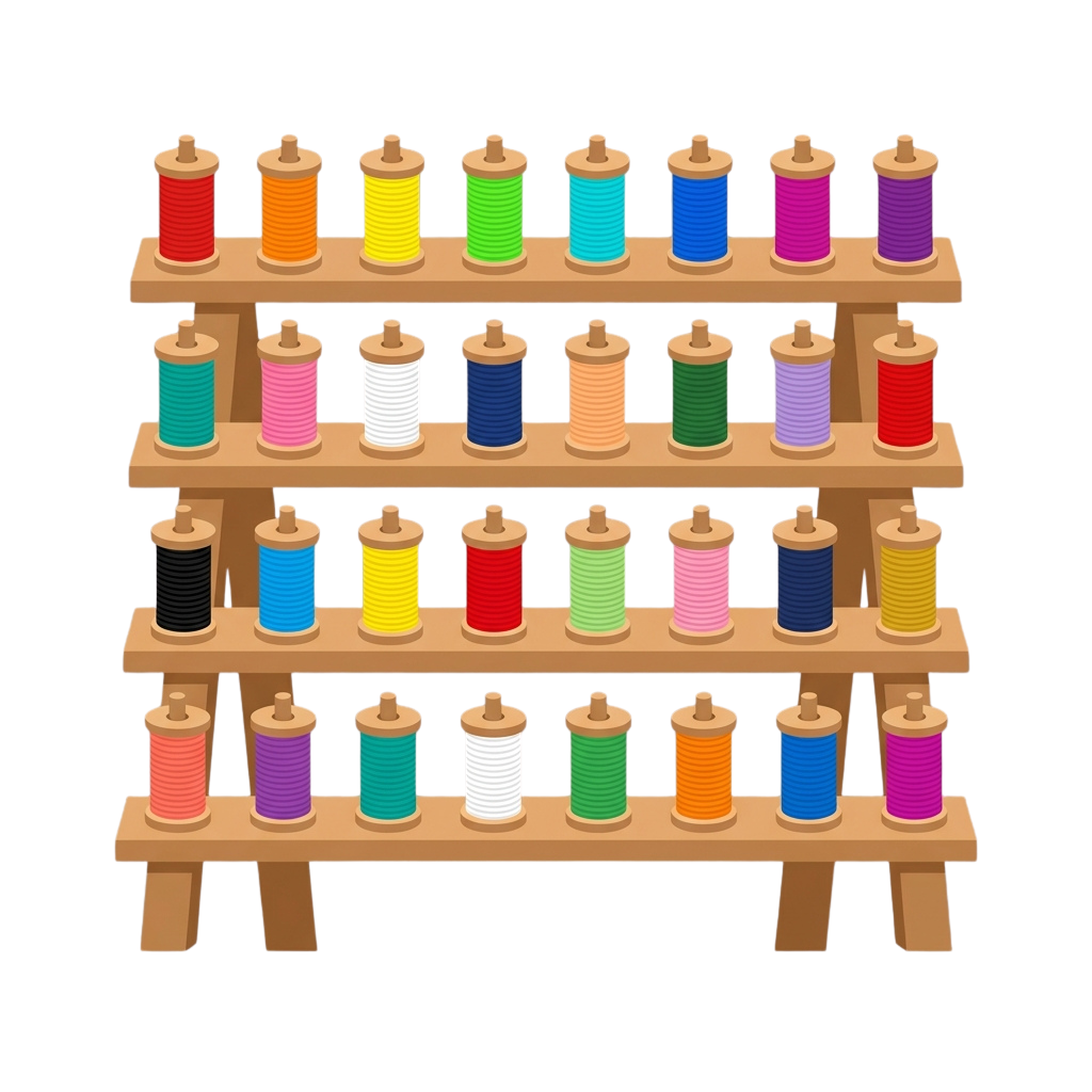 Four shelves displaying a variety of colorful yarn spools arranged in rows