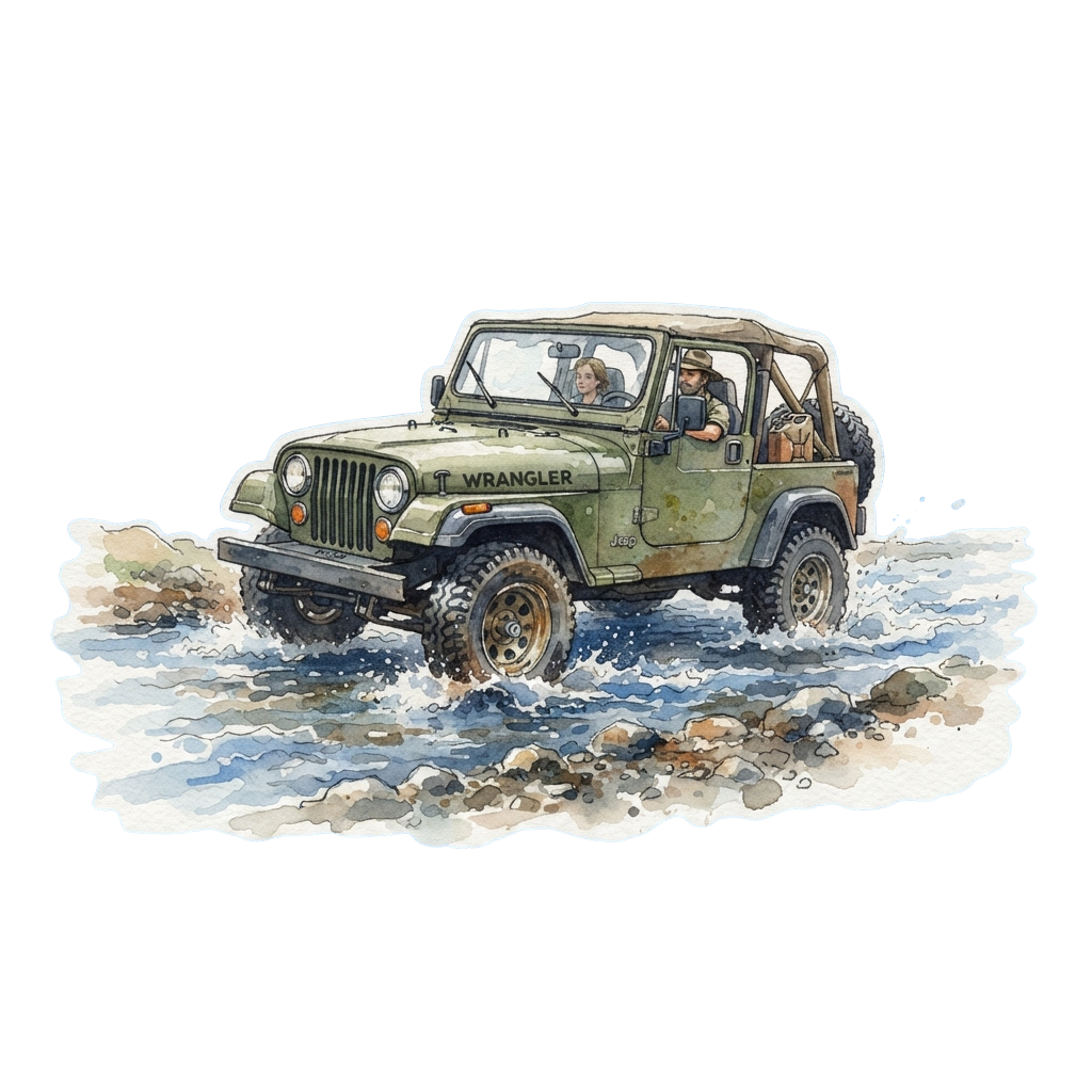 Green off-road jeep driving through shallow water with two people inside