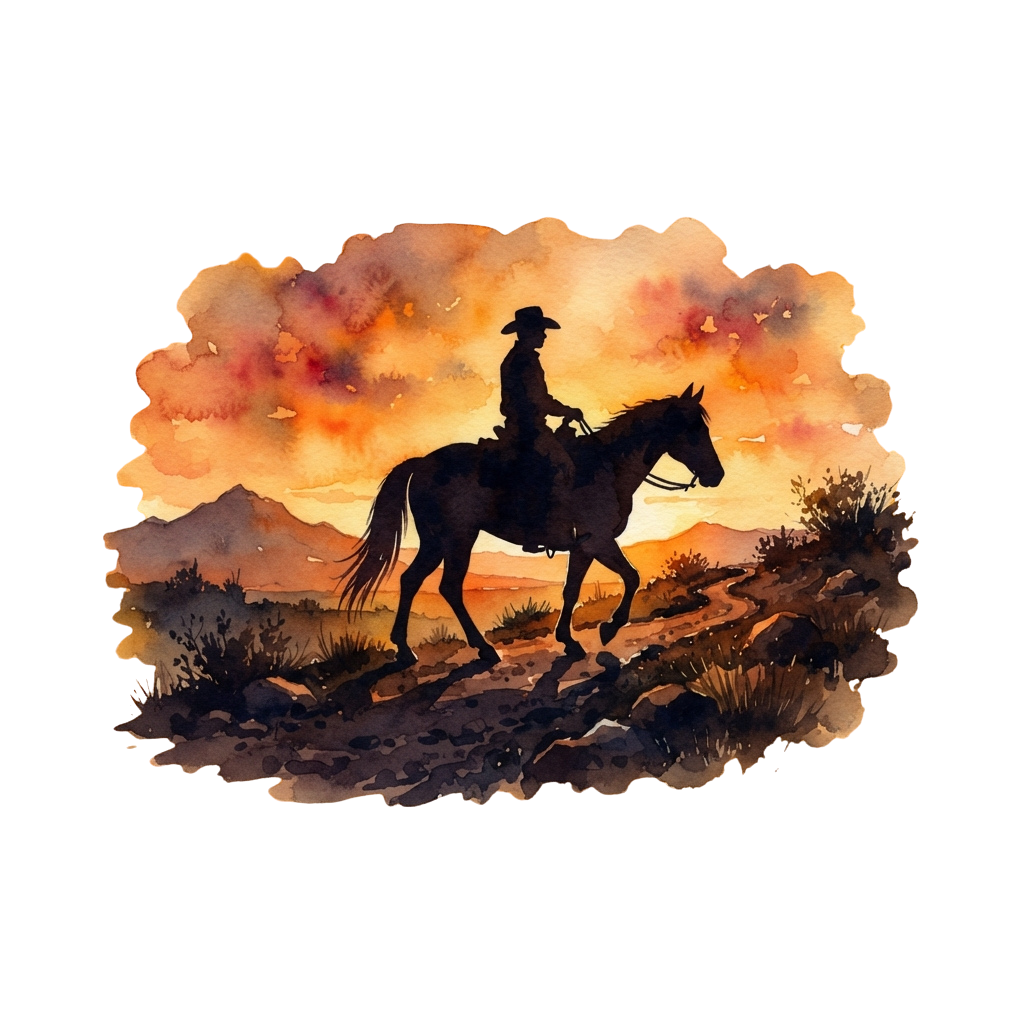 Silhouette of a cowboy riding a horse at sunset in a desert landscape with warm clouds