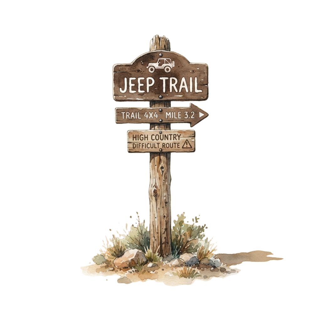 Wooden signpost directing to a Jeep Trail, indicating a 4x4 trail of 3.2 miles and a difficult high country route