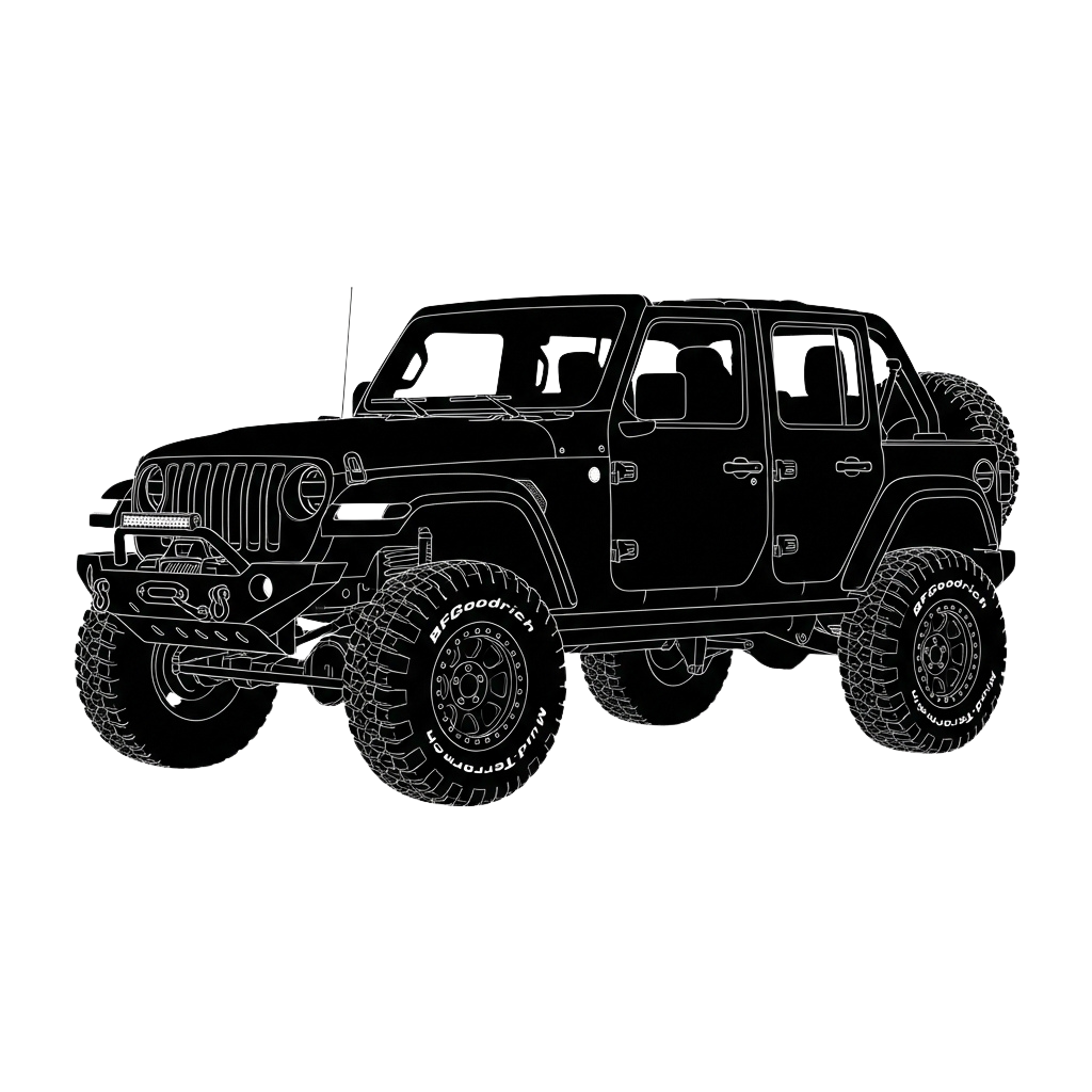 White line drawing of an off-road SUV with large tires on a black background