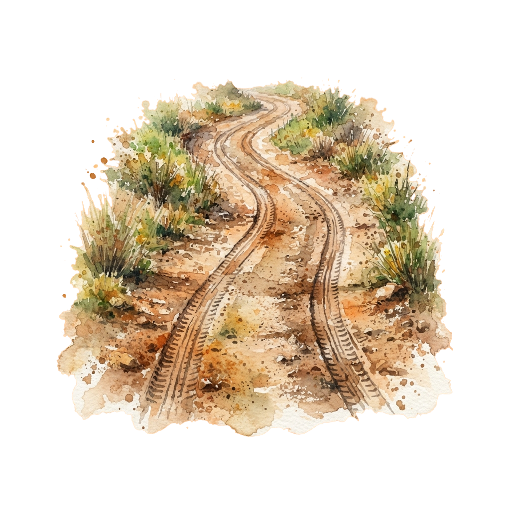 Watercolor illustration of train tracks curving through a desert landscape with sparse vegetation
