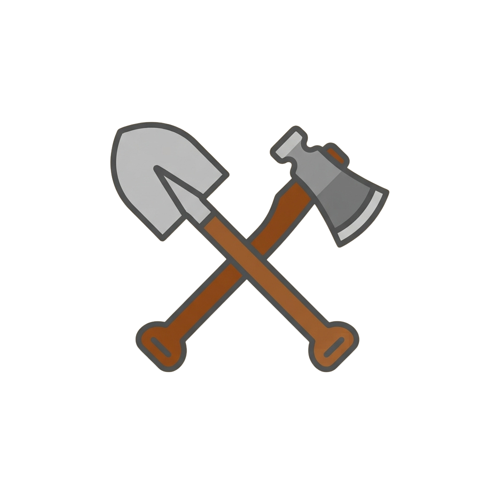 Two crossed tools: a shovel on the left and an axe on the right, both with wooden handles.