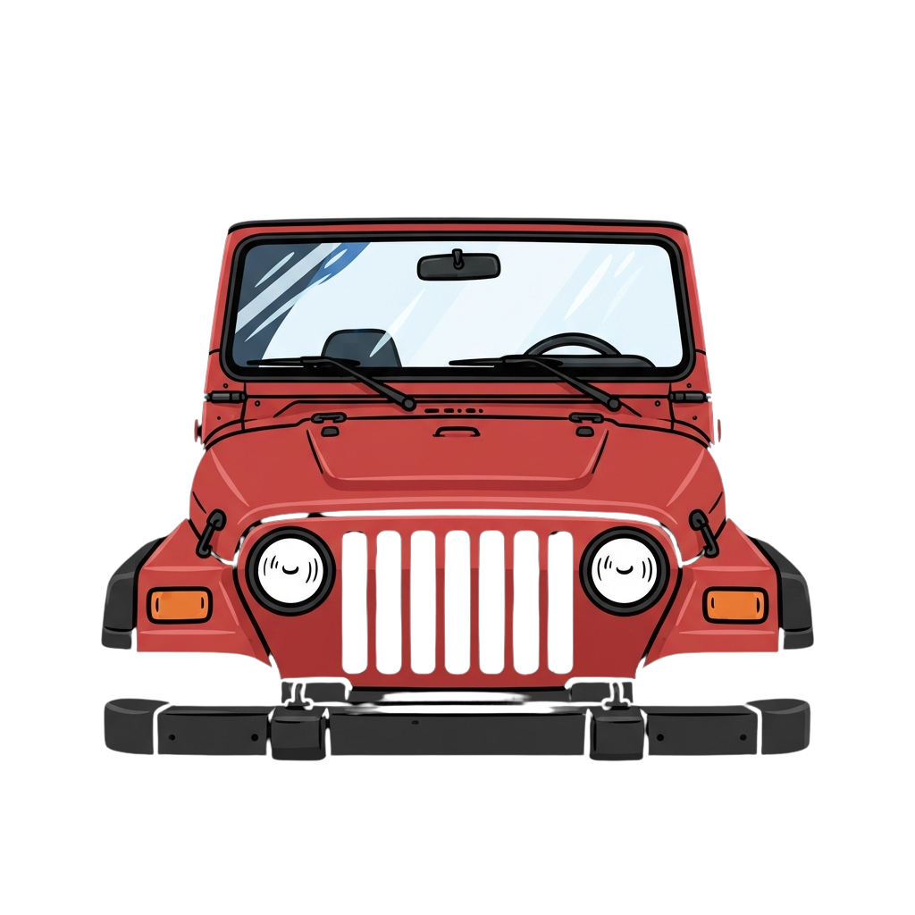 Front view illustration of a red classic off-road jeep with round headlights and a prominent grille
