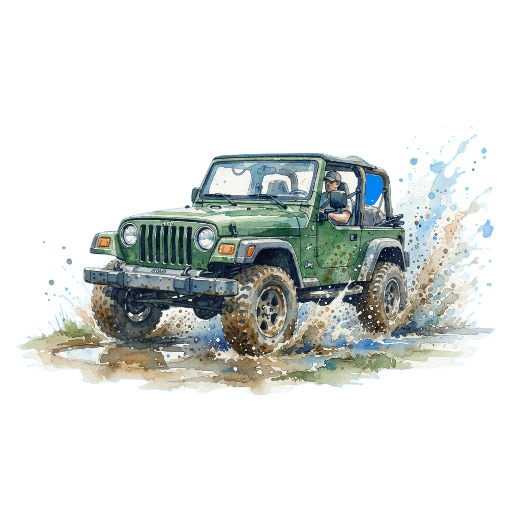 Green military-style jeep driving through muddy water, kicking up splashes around it