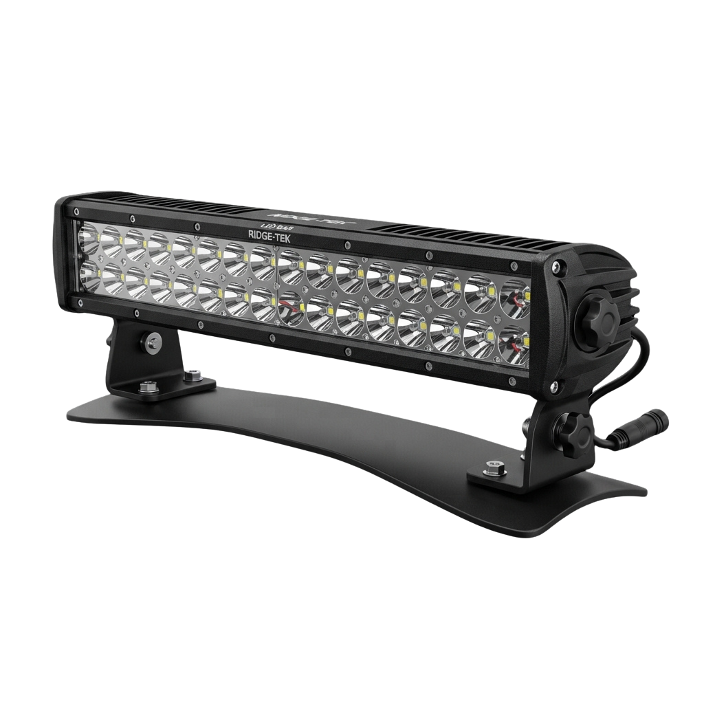 Black LED light bar mounted on a curved base with multiple bright LED lights turned on