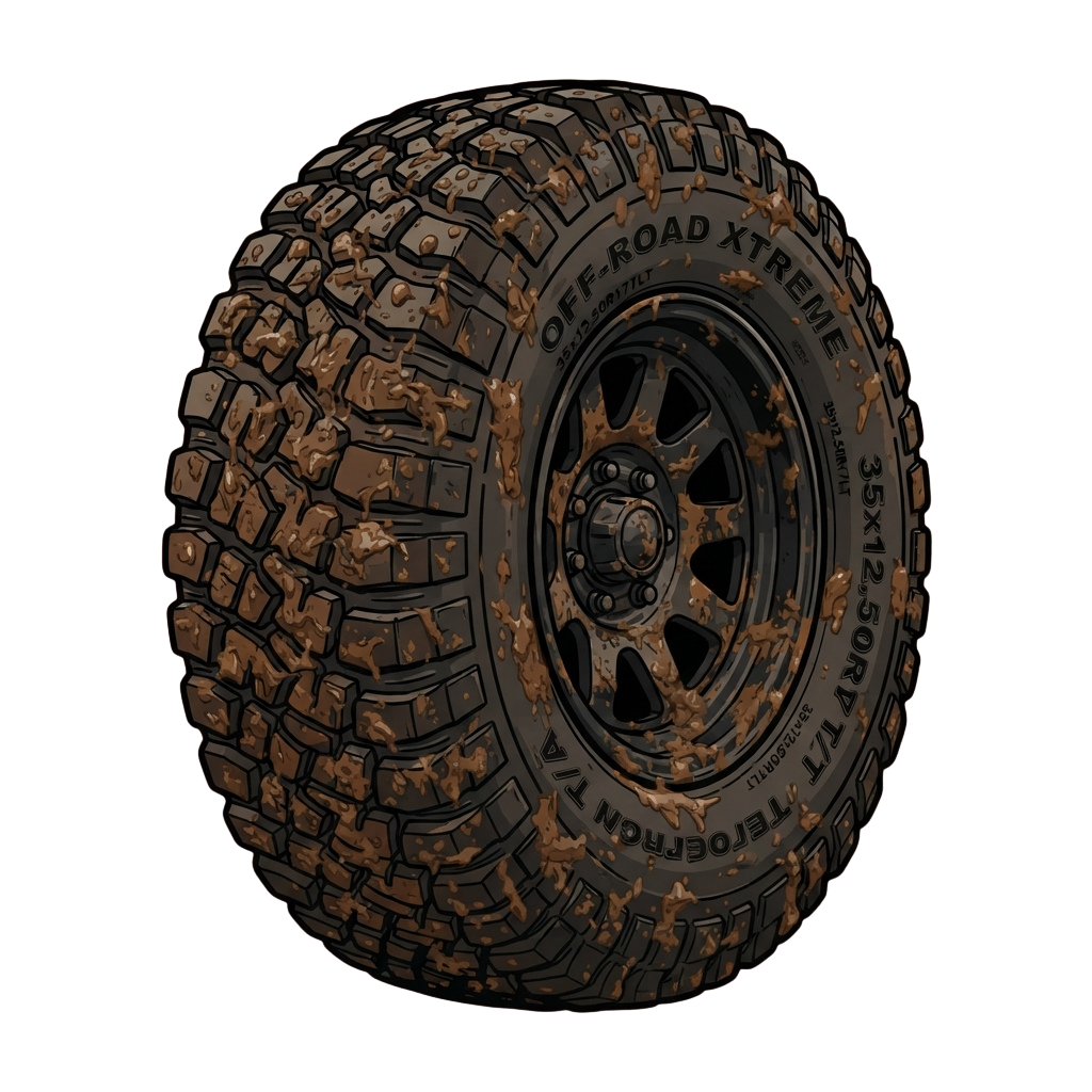 A close-up of a large off-road tire with deep treads covered in mud and dirt