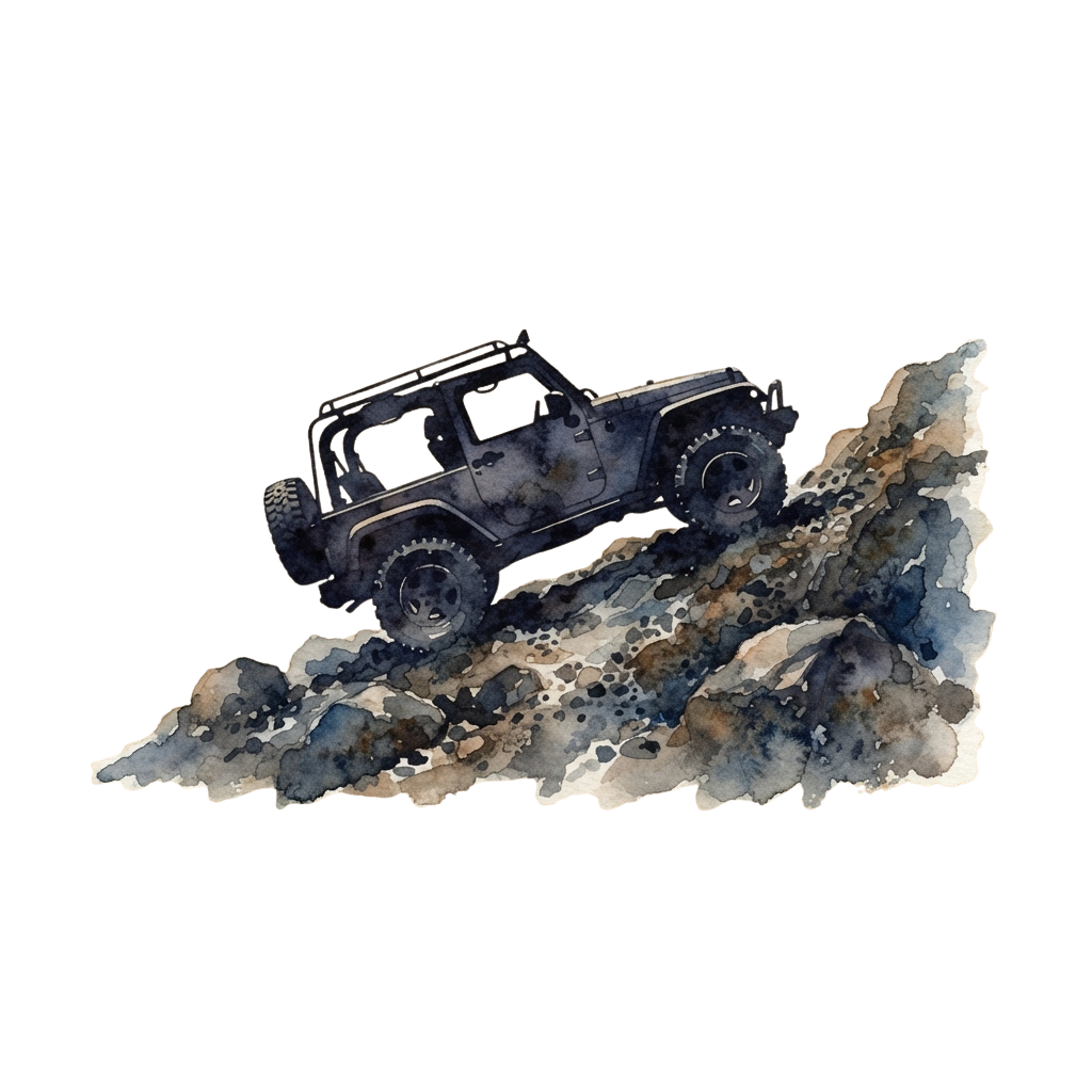 A stylized watercolor illustration of a dark-colored off-road vehicle climbing a rocky, rugged terrain.