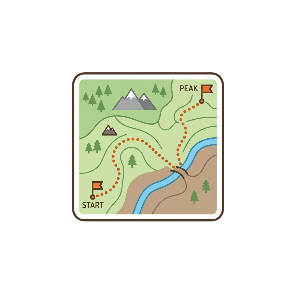 Illustration of a hiking trail map showing a path from start to peak with landmarks like trees and a river